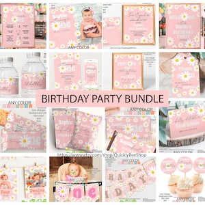 May include: A pink and white daisy themed birthday party printable bundle with editable text and images. The bundle includes a welcome sign, food labels, cupcake toppers, water bottle labels, thank you tags, and more.