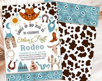 Editable My First Rodeo Invitation Cowboy Birthday Invite Wild West invitation Ranch Southwestern Template Printable Instant Download, Blue