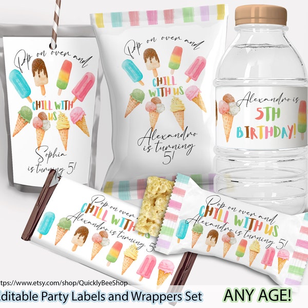 Ice Cream Birthday Party Decor, Chip Bag Wrapper, Treat Wrapper, Capri Sun Labels, Water Bottle Label, Popsicle invite, EDITABLE TEMPLATE