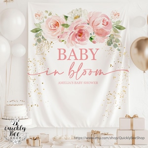 Blush Floral Baby Shower Backdrop for a girl, Baby in Bloom Baby Shower, Floral Pink Gold Baby Shower Decor, Greenery Baby shower Party