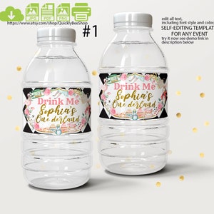 May include: Two clear plastic water bottles with black and white checkered labels. The labels feature a whimsical illustration of a tea party with the text "Drink Me Sophia's One derland".