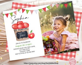 Apfel Geburtstags Fotoeinladung Vorlage, Herbst Geburtstagsparty, Apfel unseres Auges Erste Geburtstagseinladung, SOFORTIGER DOWNLOAD 1