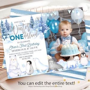 Winter Onederland einladen, Wunderland Junge 1.Geburtstag-Party einladen, Eisbär arktische Tiere, Waldwald einladen, sofort download