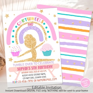 Gymnastics Birthday Invitation, Gymnastics Party Invitation, Girl Gymnasts Birthday Invite, Cartwheels and Cupcakes Birthday invite, Digital