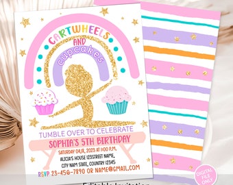 May include: A pink and purple invitation with a rainbow and a gold glitter gymnast. The text reads "Cartwheels and Cupcakes. Tumble over to celebrate Sophia's 5th Birthday. Saturday 04.18.2023 at 1:00 p.m. Alicia's House 123Street Name, City Nam State, Country 12345. RSVP 23-456-7890 or name@gmail.com. Editable Invitation. Instant Download-DIGITAL FILE only. NOTHING will be sent to your home."