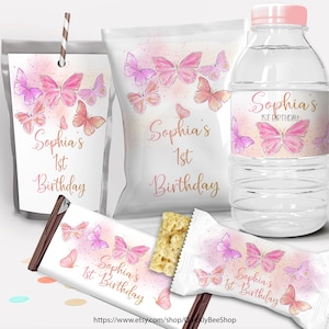 Butterfly First Birthday Party Decor, Butterfly Chip Bag Wrapper, Treat Wrapper, Capri Sun Labels, Water Bottle Label, EDITABLE TEMPLATE