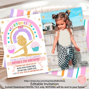 Gymnastics Birthday Invitation, Gymnastics Party Invitation, Girl Gymnasts Photo Invite, Cartwheels and Cupcakes Birthday invite, Digital
