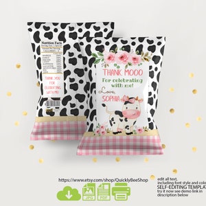 Editable Cow Chip Bags, Cow Birthday Party Decorations, Girl Farm Party Favors,  Printable cow birthday chip bag, Barnyard Cow Favor Bags