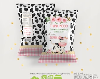 Editable Cow Chip Bags, Cow Birthday Party Decorations, Girl Farm Party Favors,  Printable cow birthday chip bag, Barnyard Cow Favor Bags
