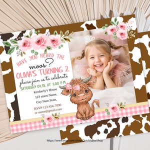 Highland Cow Birthday Invitation with Photo, Holly Cow Birthday Invitation, Girl Invitation, Editable Template Online, Instant Download