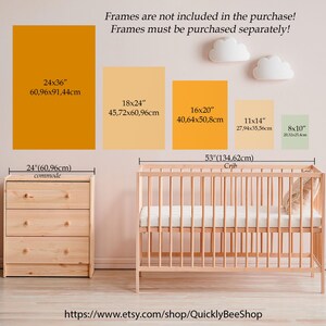May include: A nursery room with a crib, a dresser, and five different sized frames on the wall. The frames are labeled with their dimensions in inches and centimeters. The text "Frames are not included in the purchase! Frames must be purchased separately!" is written on the wall. The text "https://www.etsy.com/shop/QuicklyBeeShop" is written on the floor.