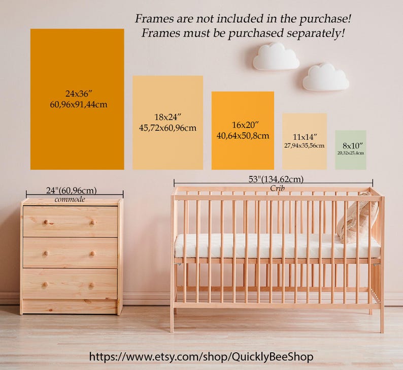 May include: A nursery room with a crib, a dresser, and five different sized frames on the wall. The frames are labeled with their dimensions in inches and centimeters. The text "Frames are not included in the purchase! Frames must be purchased separately!" is written on the wall. The text "https://www.etsy.com/shop/QuicklyBeeShop" is written on the floor.