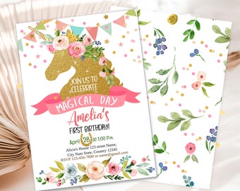 Editable Unicorn Birthday Invitation Magical Party Invite Girl Gold Pink Floral Unicorn First Digital Unicorn Party Template Download