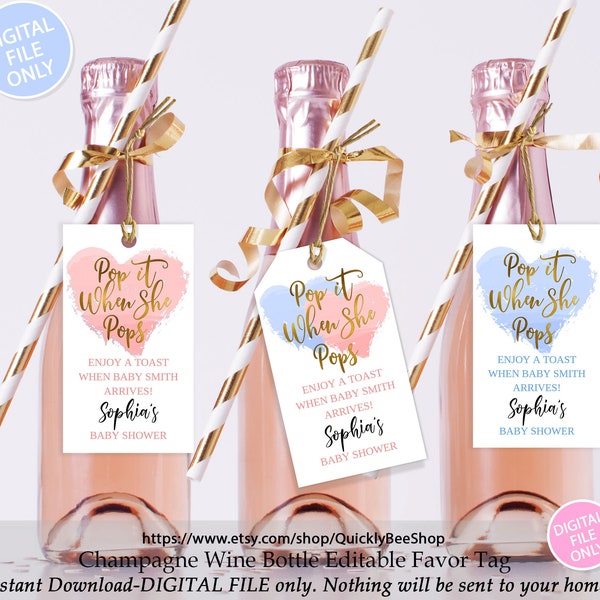 Pop It When She Pops Tag Template Heart, Baby Shower Champagne Tag, Gender Reveal Mini Champagne Wine Bottle Editable Favor Tag for Printing