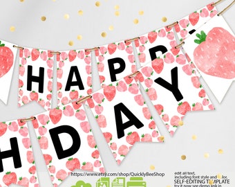 May include: A printable banner with a white background and red watercolor strawberries. The banner says "Happy Birthday" in black letters.