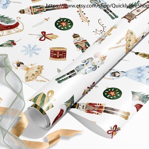 May include: White wrapping paper with a repeating pattern of watercolor illustrations of a nutcracker, a ballerina, a mouse king, a Christmas tree, a gift, and a star. The text "https://www.etsy.com/shop/QuicklyBeeShop" is printed in the top right corner of the paper.