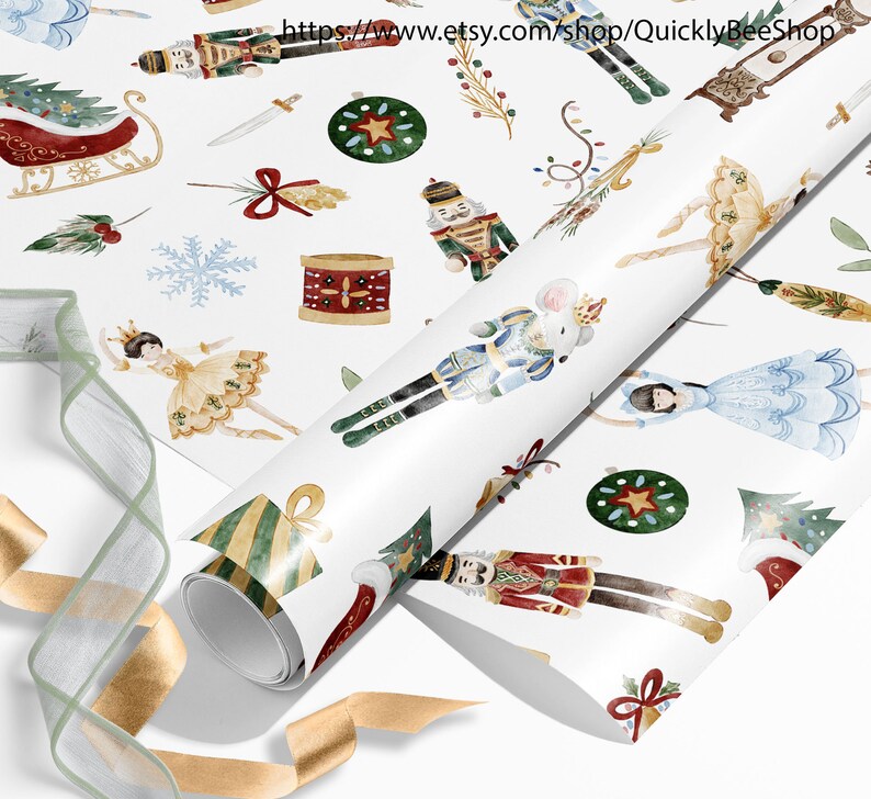 May include: White wrapping paper with a repeating pattern of watercolor illustrations of a nutcracker, a ballerina, a mouse king, a Christmas tree, a gift, and a star. The text "https://www.etsy.com/shop/QuicklyBeeShop" is printed in the top right corner of the paper.