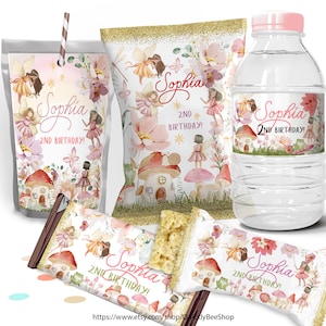Set Fairy chips bag, juice bags, Fairy water bottle labels, Candy Bar Wrappers, snacks treat chips pouch first birthday. Editable template