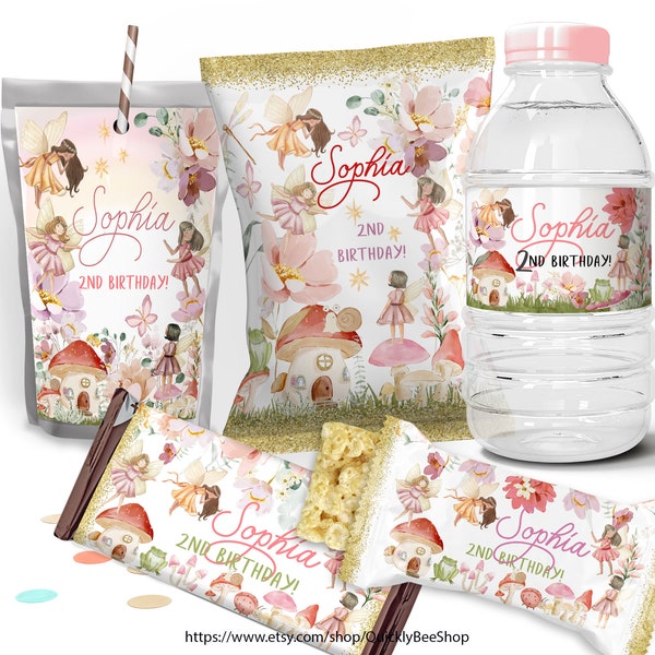 Set Fairy chips bag, juice bags, Fairy water bottle labels, Candy Bar Wrappers, snacks treat chips pouch first birthday. Editable template