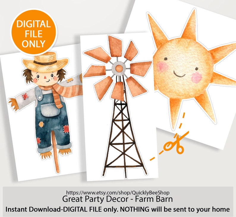 Big Blue decor Farm, Barn, Donkey, Lamb, Piglet, Chicken, Sun, Animals Barnyard Ranch, Baby Shower Party, Birthday Party, DIGITAL download Sun Scary Mill