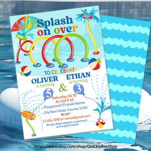 May include: A blue and white invitation for a pool party to celebrate Oliver turning 5 and Ethan turning 3. The invitation features a cartoon illustration of a water park with colourful sprinklers and a beach ball. The text "Splash on over" is written in a playful font.