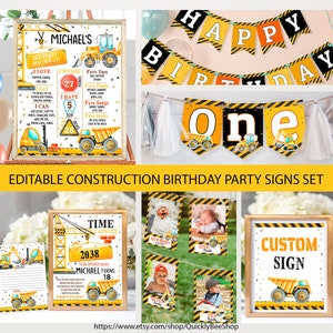 Signes de fête d'anniversaire de construction bannière anniversaire jalon affiche Time Capsule cartes de correspondance assorties, bannière photo, paquet de fête de camion à benne basculante