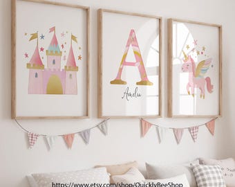 Unicorn Nursery Prints, Name Girl  Nursery Wall Art, Castle Nursery Poster, Baby Girl Cute Room Decor, Set of 3 Art Prints Shippe