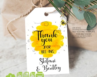 May include: A printable thank you tag with a yellow and white honeycomb design. The text reads "Thank you for bee-ing Stefani & Bentley".