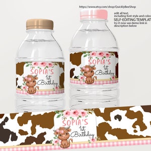 May include: Water bottle labels with a cow and floral design. The labels say "Sophia's 1st Birthday".