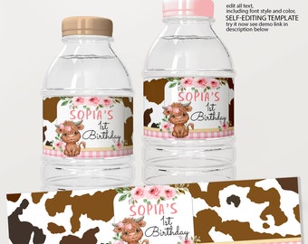 May include: Water bottle labels with a cow and floral design. The labels say "Sophia's 1st Birthday".