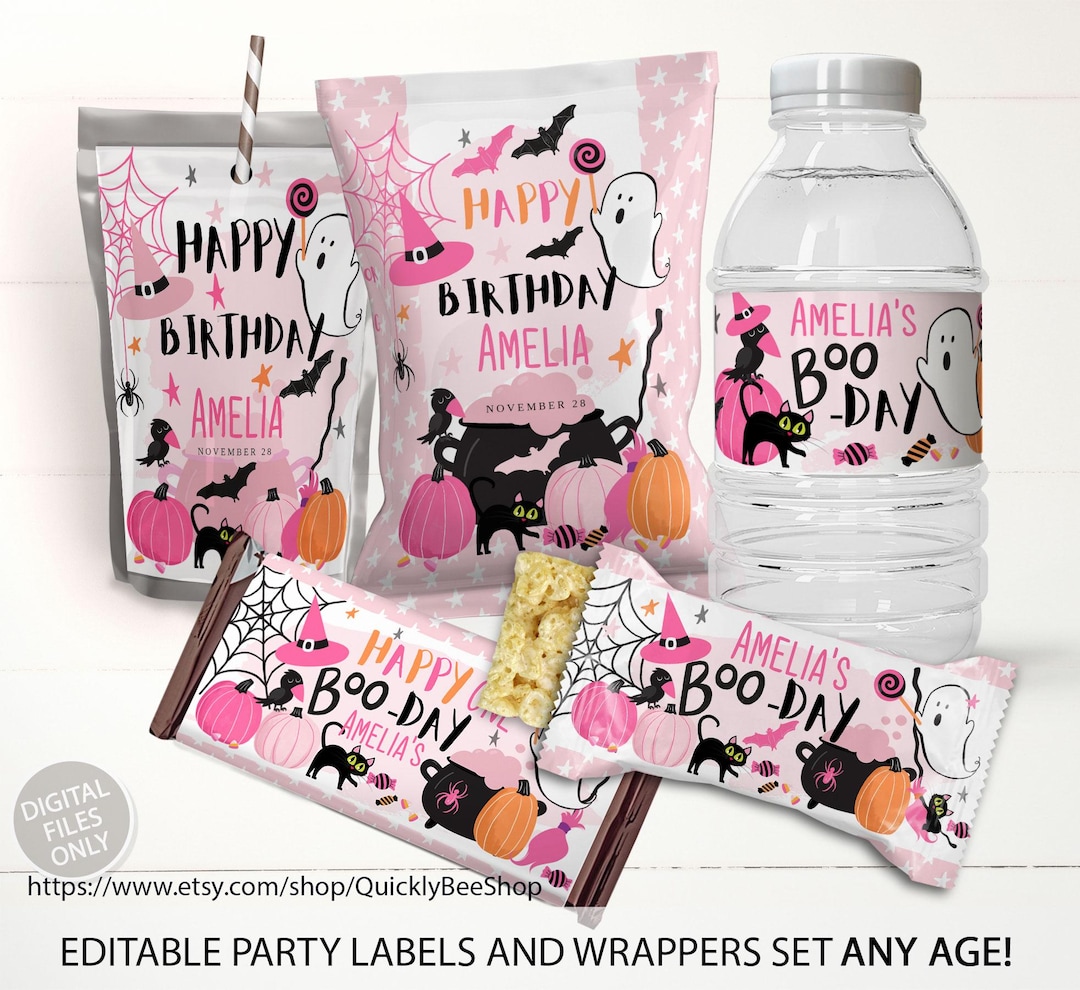 Boo Pink Ghost Birthday Party Label Set, Wrapper Bag of Chips, Juice ...