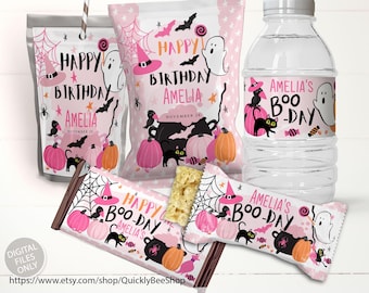 Boo Pink Ghost Birthday Party Label Set, Wrapper bag of chips, Juice label, Water bottle labels, Chocolate Wrapper, Rice Treat Wrapper