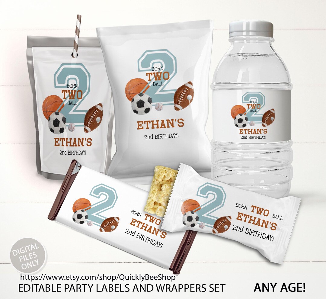 Born 2 Ball Birthday Party Labels: Chip Bag, Juice, Water Bottle, Candy ...