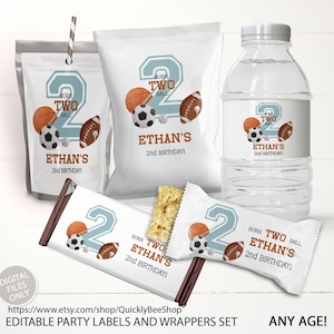 May include: A sports-themed party favour set, including a water bottle, candy bar, and snack bags. The design features a large blue number 2, a basketball, a football, and a soccer ball. The text reads "Born Two Ball" and "Ethan's 2nd Birthday!"