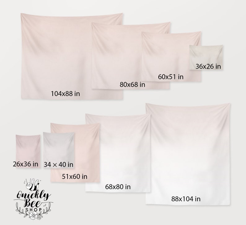 May include: A set of ten pink ombre tapestry wall hangings in various sizes, ranging from 26x36 inches to 104x88 inches. The tapestries are made of a soft, lightweight fabric and have a subtle ombre effect that transitions from a light pink to a darker pink.