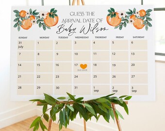 May include: A printable baby shower game with a calendar for guests to guess the baby's arrival date. The calendar is decorated with orange and green watercolor illustrations of oranges and leaves. The text "Guess the Arrival Date of Baby Wilson" is at the top of the calendar.
