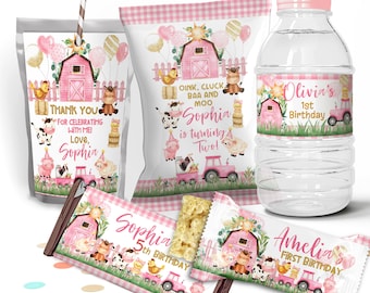 Farm First Birthday Party Decor, Chip Bag Wrapper, Treat Wrapper, Capri Sun Labels, Water Bottle Label, EDITABLE TEMPLATE