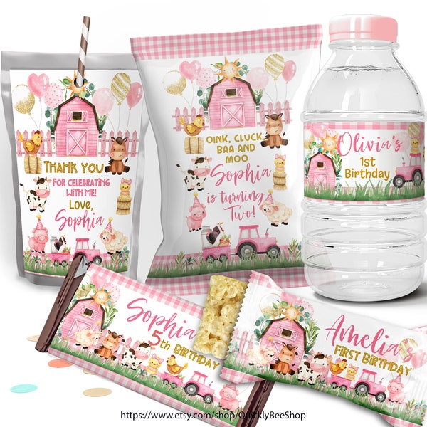 Farm First Birthday Party Decor, Chip Bag Wrapper, Treat Wrapper, Capri Sun Labels, Water Bottle Label, EDITABLE TEMPLATE