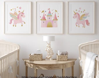 Unicorn Wall Art Prints, Set of 3 Art Prints, Posters for Two Girls, Pink Nursery Wall Art, Baby Girl Cute Room Decor