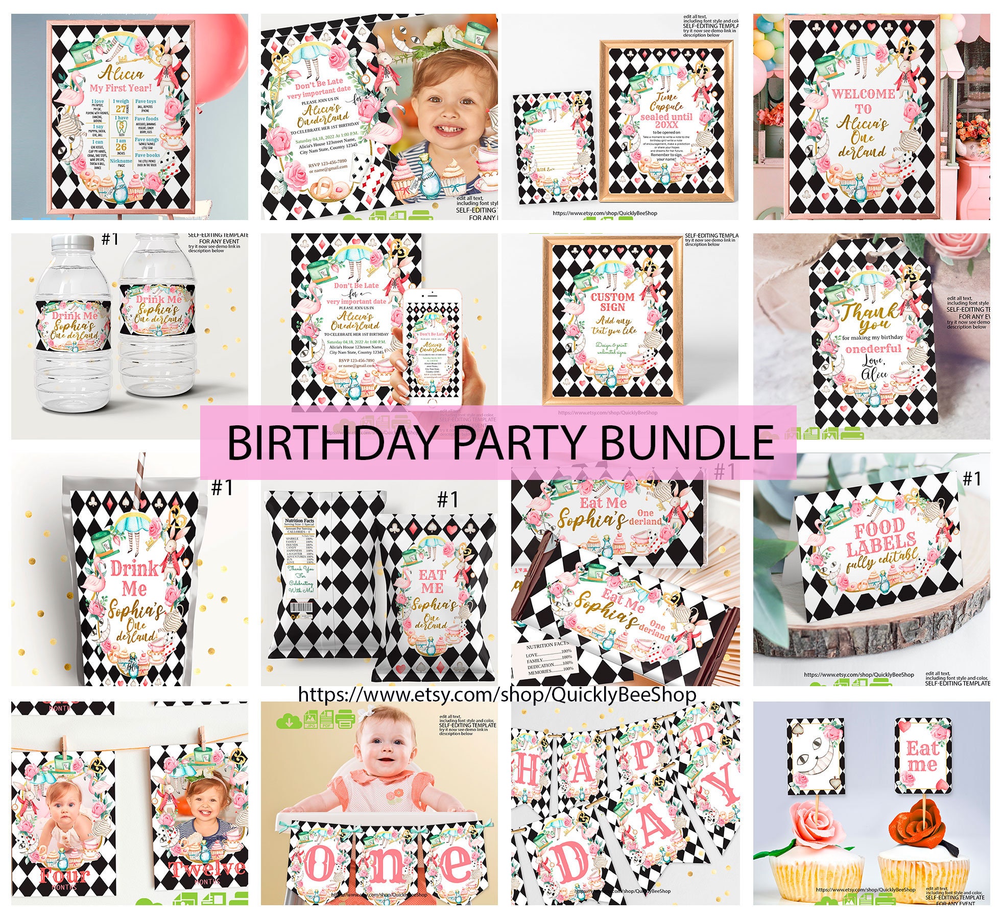 Alice in Onederland Birthday Invitation, Big Bundle Alice in Onederland, Party Birthday Girl Package, First Birthday Printable Template #1