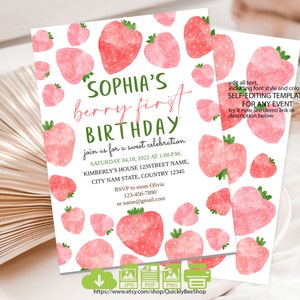 Berry  Birthday Invitation, Strawberry Birthday Evite, Modern Strawberry Invitation, Text Invitation, Instant Download