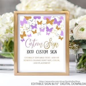 Placa personalizada para chá de bebê com borboletas Placa para lembrancinhas de chá de bebê com borboletas roxas Placa para mesa de chá de bebê para impressão Digital Download instantâneo