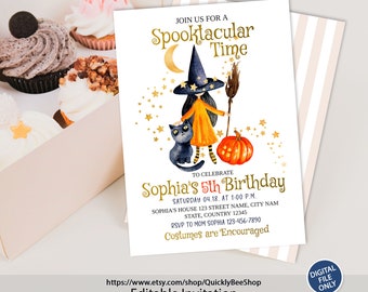 May include: A Halloween-themed invitation with a witch illustration, a black cat, and a pumpkin. The invitation text reads "Spooktacular Time" and announces a 5th birthday party. The invitation is a digital file.