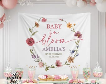 Babyparty-Hintergrund „Wildblumen-Baby in Blüte“, floraler Babyparty-Fotohintergrund, Fotozone mit Wildblumenmotiv, Tischdekoration für die Babyparty