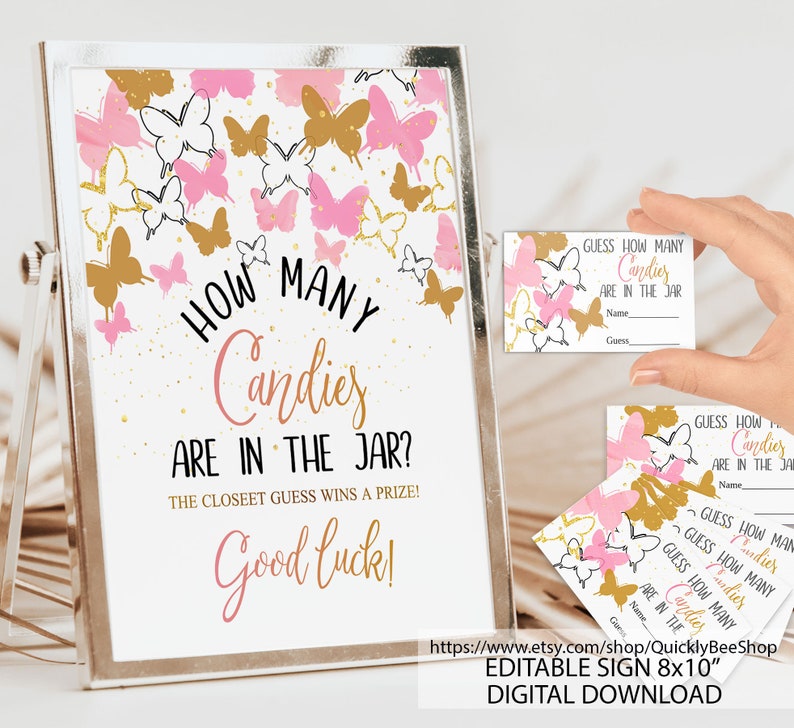 How Many Sign Visual Butterfly Guess How Many Sign Pink Butterfly Baby Shower Game How Many ...