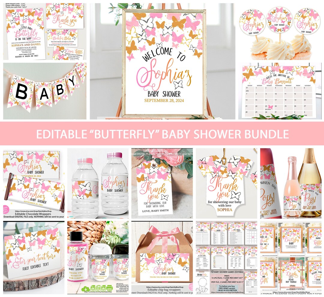 Butterfly Baby Shower Invitation Bundle, Baby Shower Pink Gold ...