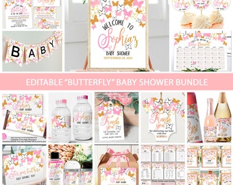 Butterfly Baby Shower Invitation Bundle, Baby Shower Pink Gold Butterfly Theme, Butterfly Baby Shower Decor, Printable Instant Download