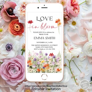 Wildflower Bridal Shower Evite Invitation Template, Spring Garden Bridal Brunch Digital Invitation,Floral Mobile iPhone Invite, MEADOW Evite