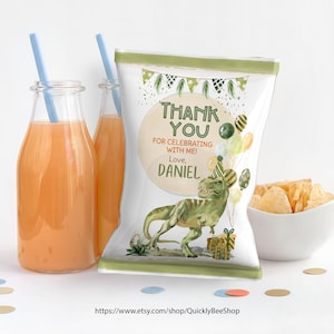 May include: Green and brown dinosaur party favor bags with a thank you message, a dinosaur illustration, and balloons. The text reads "Thank You for celebrating with me! Love, Daniel".