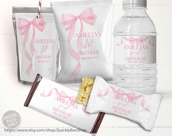 Pink Bow First Birthday Party Decor, Chip Bag Wrapper, Treat Wrapper, Capri Sun Labels, Water Bottle Label, EDITABLE TEMPLATE
